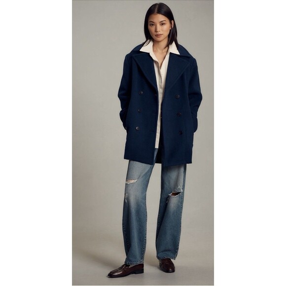 Anthropologie Maeve Coat Women Navy Double Breasted Wool Blend Preppy Large NWT - Picture 3 of 12